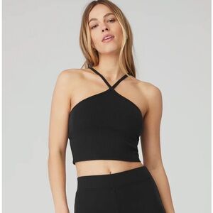 ALO Yoga Goddess Ribbed Cross Crop Top Black XS